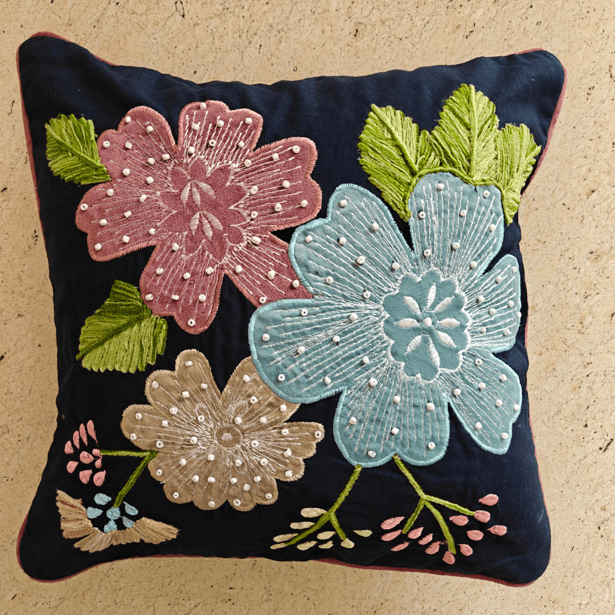 Aria Embroidered Cushion Cover, 16" x 16", Navy, Pack of 1 - Coral Slub -